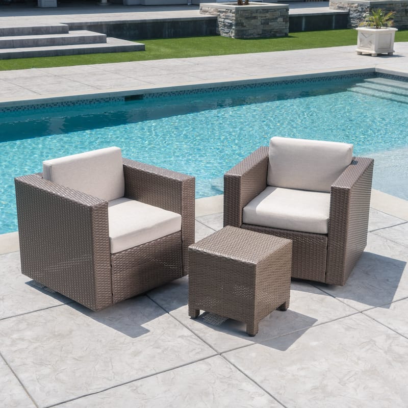 Puerta Outdoor Wicker 3-piece Swivel Chat Set with Cushions by Christopher Knight Home