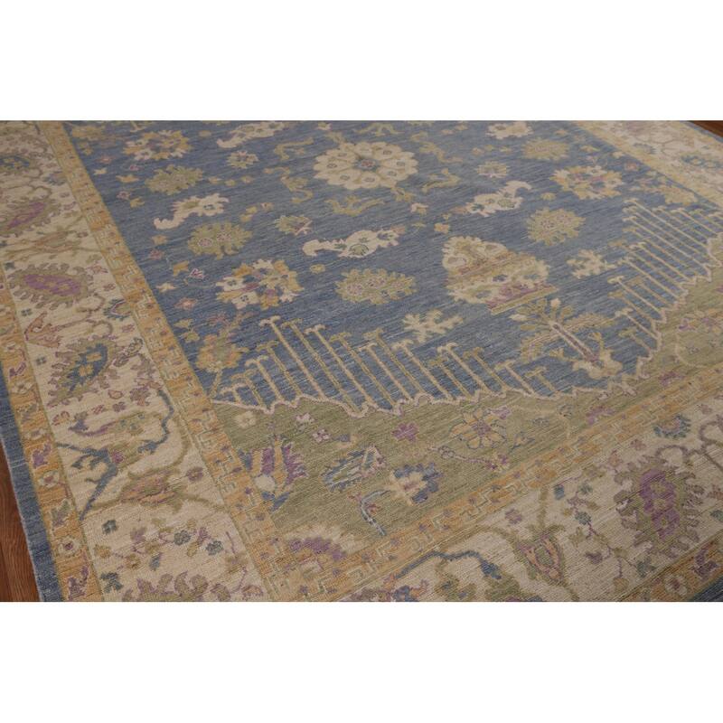 Vegetable Dye Blue Oushak Turkish Area Rug Handmade Wool Carpet - 9'0"x 11'9"
