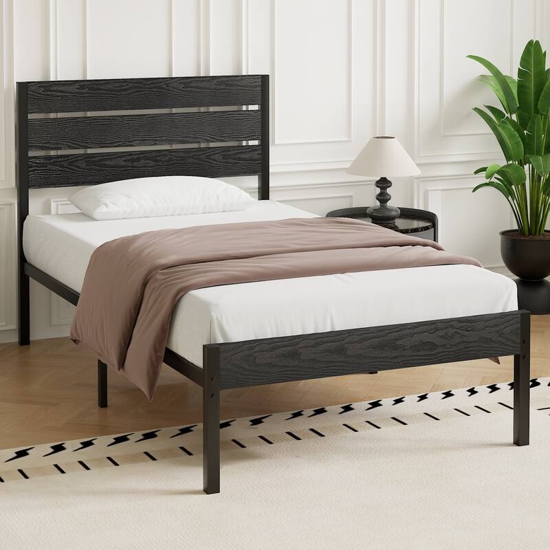 VECELO Industrial Wood Bed Frame with Headboard, Twin Size Beds/Full Size Beds/Queen Size Beds