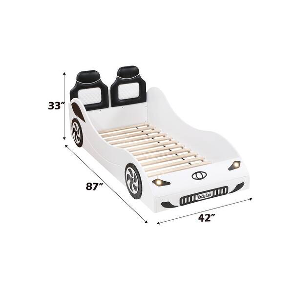 dimension image slide 0 of 2, Fun Red Twin Size Platform Bed, Car Bed with LED Lights, Upholstered Headboard, and Automotive, for Kids' Bedroom