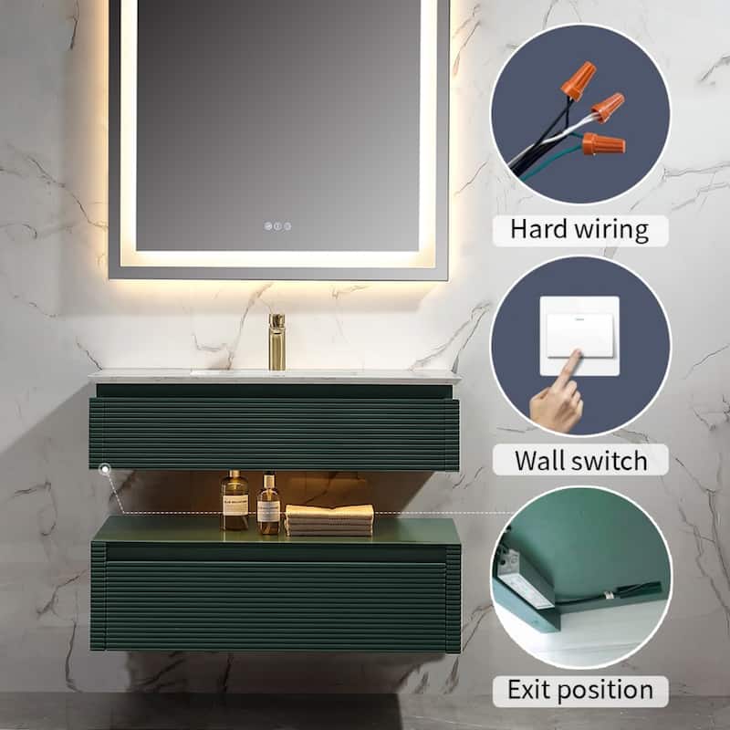 Modland 36''/48'' Floating Bathroom Vanity with ETL-Certified LED Lighting, Soft-Close Drawers & Waterproof, Green