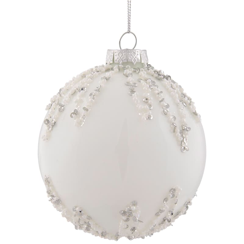 Sequin Beaded Christmas Glass Ball Ornament - 4" - White