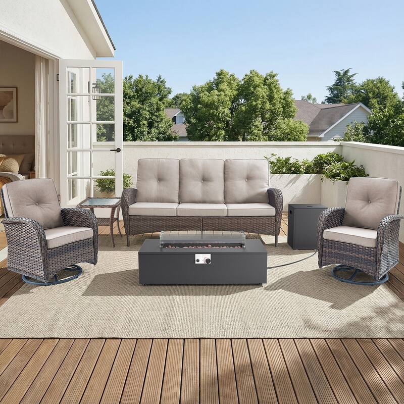 Pocassy 5/7 Piece Sofa Swivel Chair Ottoman with Fire Pit Table - Brown Wicker Beige Cushion - 5-Piece Sofa Swivel Chair with Fire Pit Table