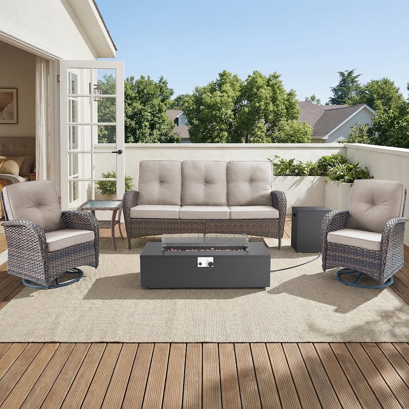 Pocassy Outdoor Sofa Swivel Chair Set with Fire Pit Table - Brown Wicker Beige Cushion - 5-Piece Sofa Swivel Chair with Fire Pit Table
