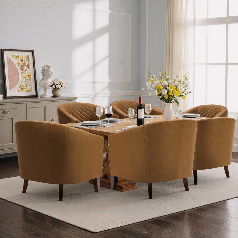 Modern Leather Nailheads Trim Barrel Accent Chairs with Wood Legs - 6 Set - Coffee