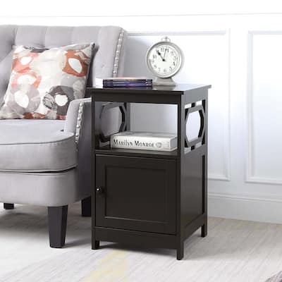 End Table with Cabinet and Two Shelves, Octagon Side Design, Hidden Storage Space for Magazines and Electronics in Living Room
