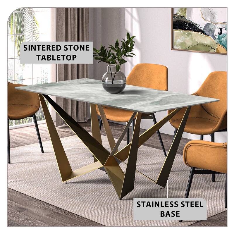 Nuvor Rectangular Sintered Stone or Glass Tabletop Dining Table with Powder-Coated Gold Steel Base for Kitchens & Dining Rooms