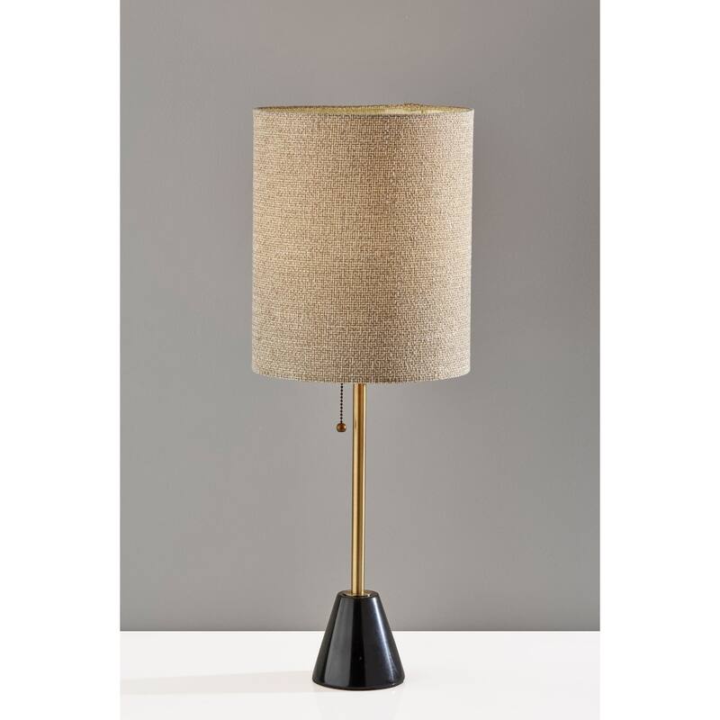 Black and Gold Marble Metal Base Table Lamp with Beige Fabric Drum Shade and Pull Chain - 10” x 10” x 28” (D x W x H)