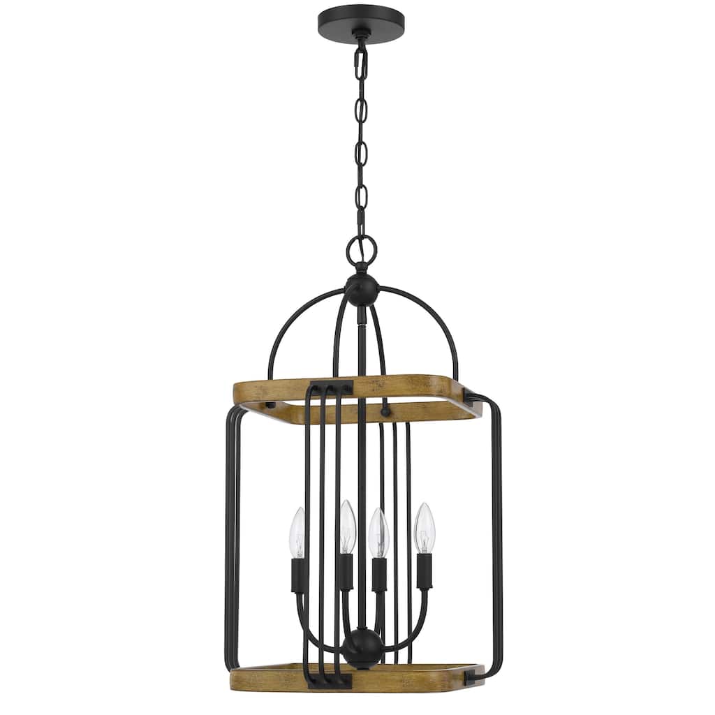 Rio 16 Inch Chandelier w Upturned Lights and Canopy, Wood, Black Metal