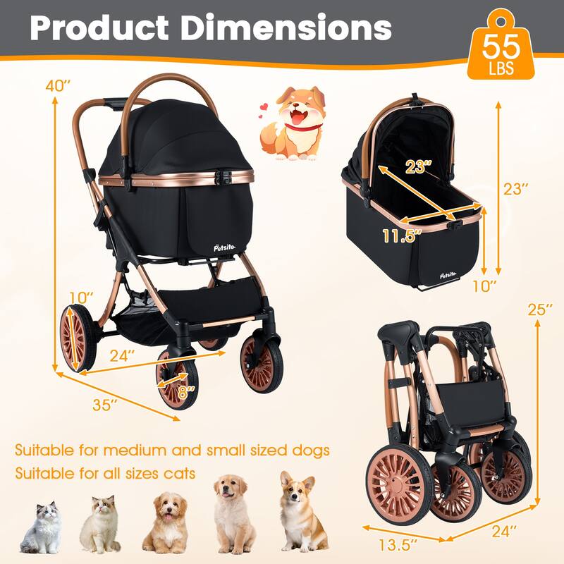 Gymax 3-in-1 Pet Stroller w/ Removable Carrier Sun Shade Removable Pad