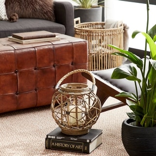 Round Brown Woven Rattan Lantern with Burlap Jute Rope Handle and Glass ...