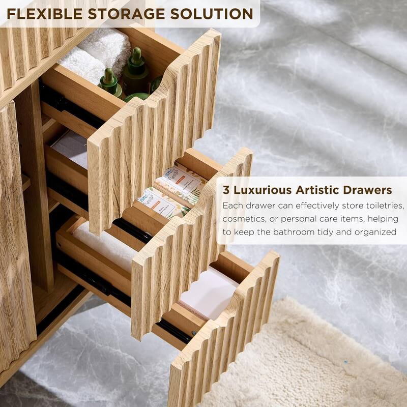 24" Fluted Bathroom Vanity with Ceramic Sink, Modern Bathroom Cabinet