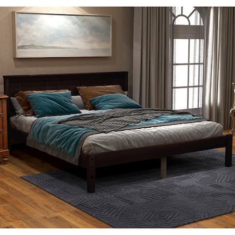 Full Size Wood Platform Bed with Headboard and Wood Slat