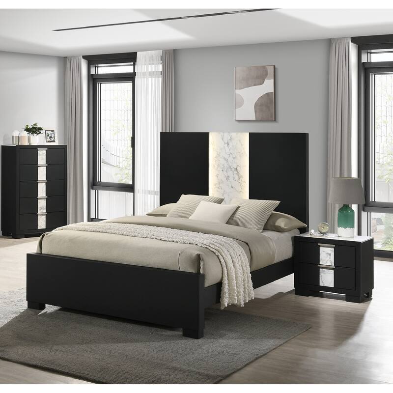 Contemporary Queen Panel LED Light Headboard Bed 1pc Black White Finish Wooden Bedroom Furniture