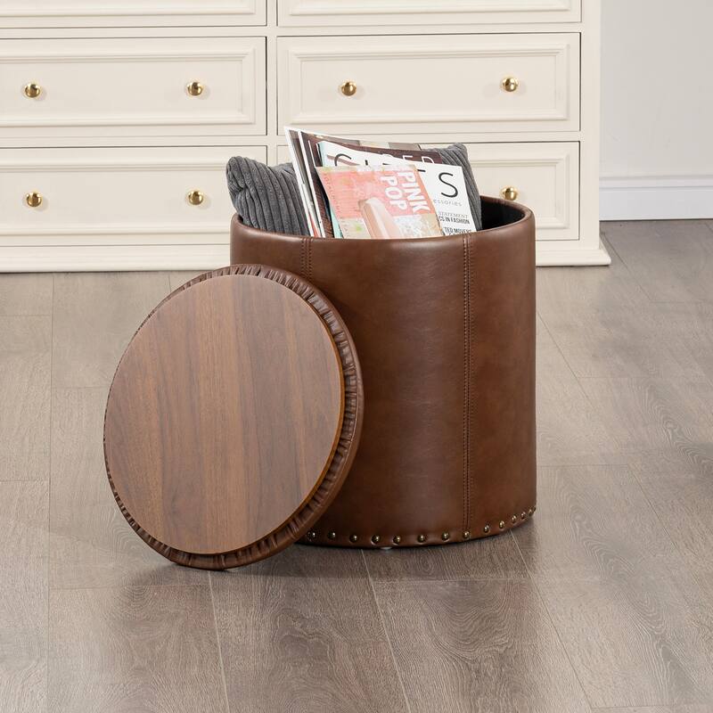 Adeco Round Faux Leather Storage Ottoman with Nailhead Trim