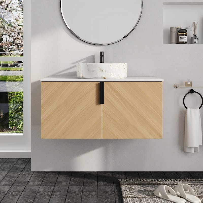Malwee 30"/36" Floating Bathroom Vanity, Wall Mounted Bathroom Vanity with Ceramic Sink and Soft Close Door - Beige-White with Golden Lines Sink - 35.5"×18.9"×21.8"