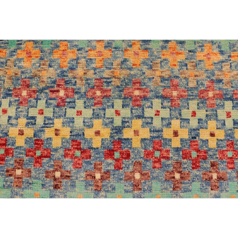 Modern Balochi Golden Blue/Red Hand Knotted Wool Rug - 3'4'' x 5'1''
