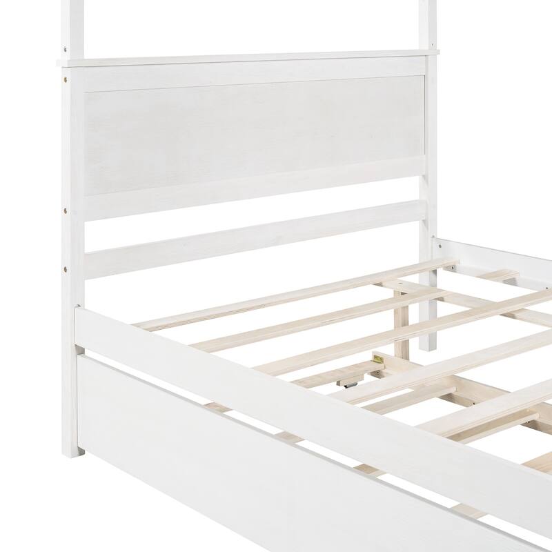 Full Size Wood Frame Platform Canopy Bed with Trundle