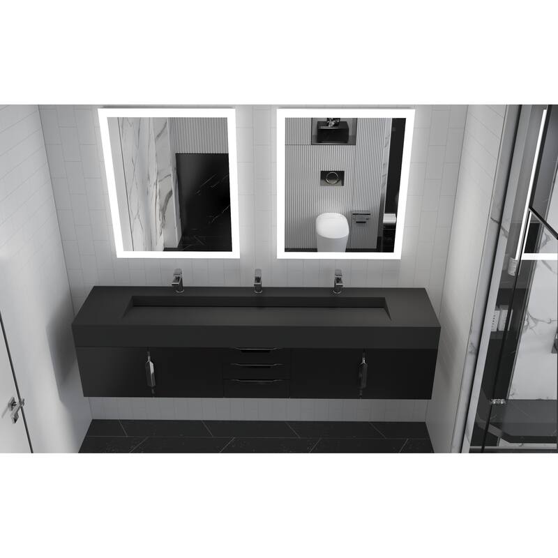 Nile 84-Inch Wall Mounted Bathroom Vanity Set w/ Black Top