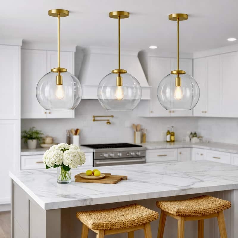 Rexe Satin Brass Pendant with Clear Glass Dome Shade - Clear Glass