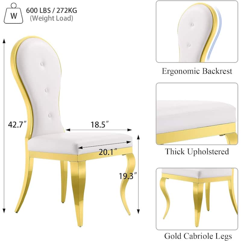 Modern Luxurious White Leather Dining Chairs with Polished Gold Stainless Steel Legs