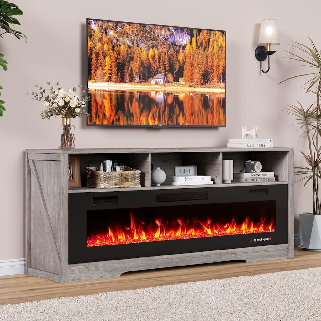 BOSSIN 65" Electric Fireplace TV Stand , Entertainment Center for TVs up to 75" with Open Shelves, Black