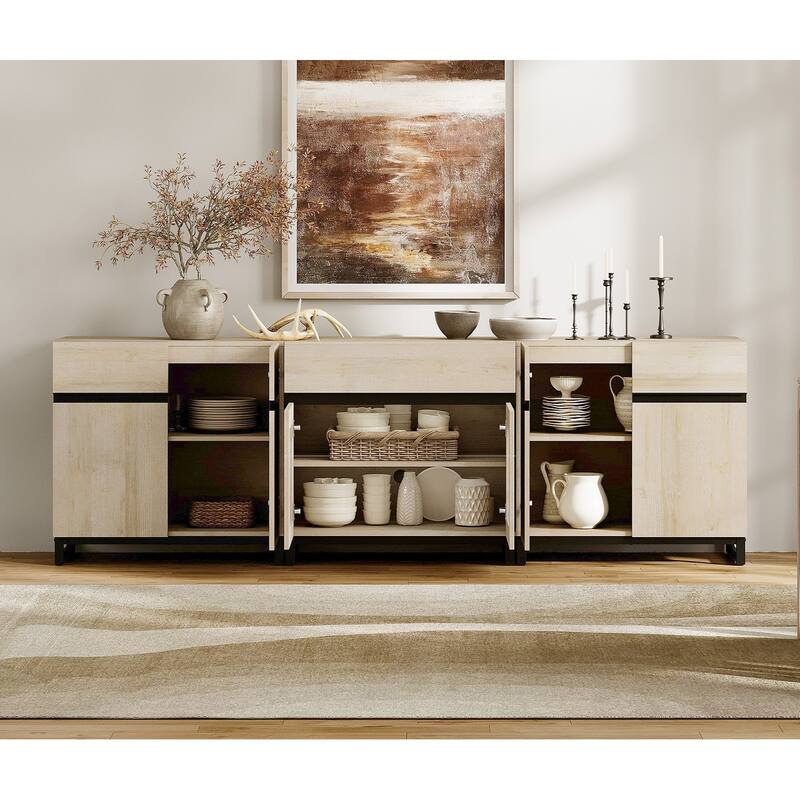 WAMPAT Modern Sideboard with Adjustable Shelves and Drawer, 3 in 1 Storage Cabinet with Glass Doors for Living Room, Kitchen