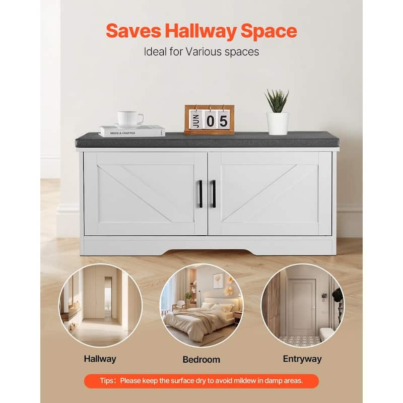White Entryway Shoe Bench with Black Seat Cushion and 4 Compartment Adjustable Storage for 36 Pairs - 39.4" x 14" x 18.1"