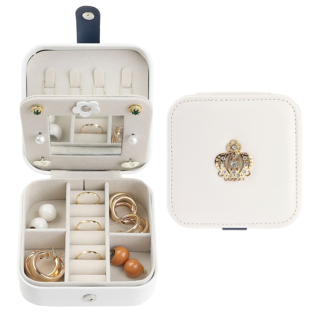 Travel Jewelry Box with Mirror, Mini Portable PU Leather Jewelry Organizer Case Storage Display Holder - 11*11*5.8cm
