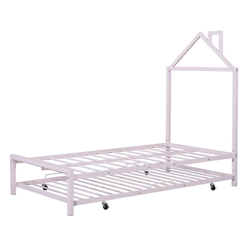Metal Platform Bed with Twin Size Trundle,House-Shaped Headboard