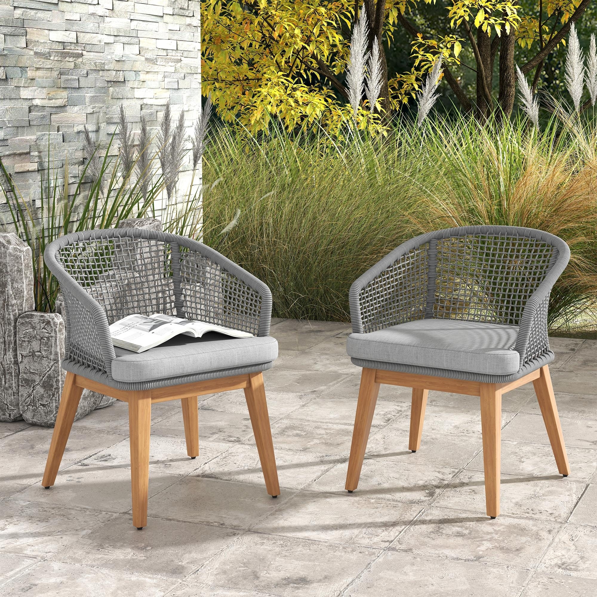 2-Piece Outdoor Dining Chair Set Patio Arm Chair with Rope-woven Backrest and Acacia Wood Legs