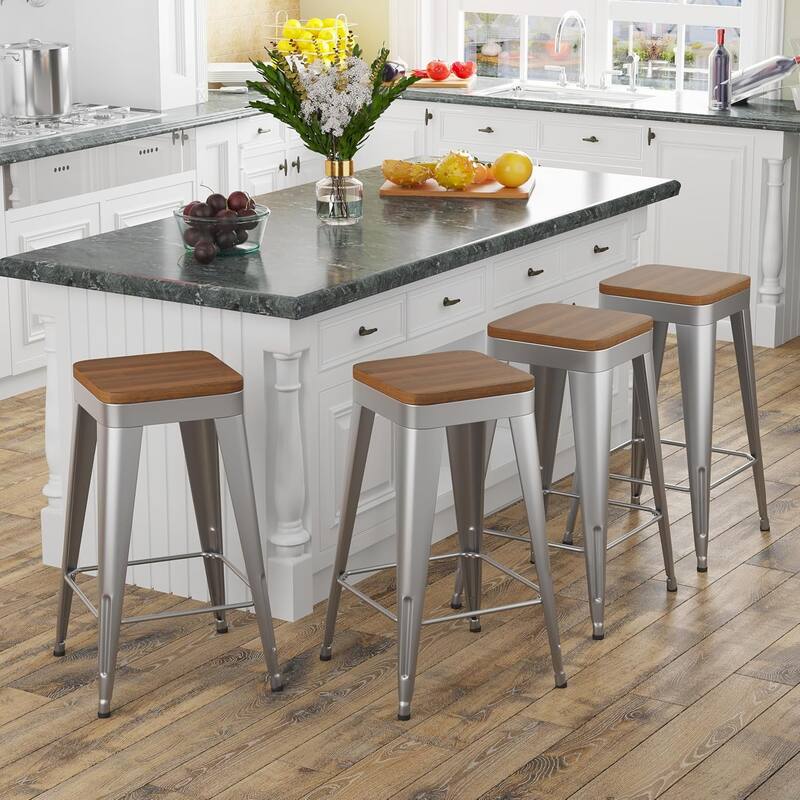 Counter & Bar Stools with Metal Frame Kitchen Stools Backless Kitchen Bar Furniture Stools with Square Wooden Seat - Silver - Set of 4 - Bar Height
