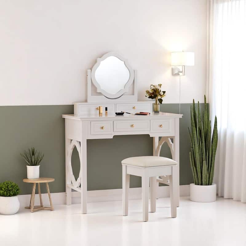 White Makeup Vanity Set with Four-Leaf Reversible Mirror, Drawers & Padded Stool, Space-Saving Dressing Table - White