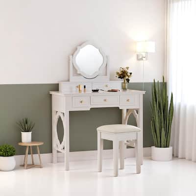 White Makeup Vanity Set with Four-Leaf Reversible Mirror, Drawers & Padded Stool, Space-Saving Dressing Table