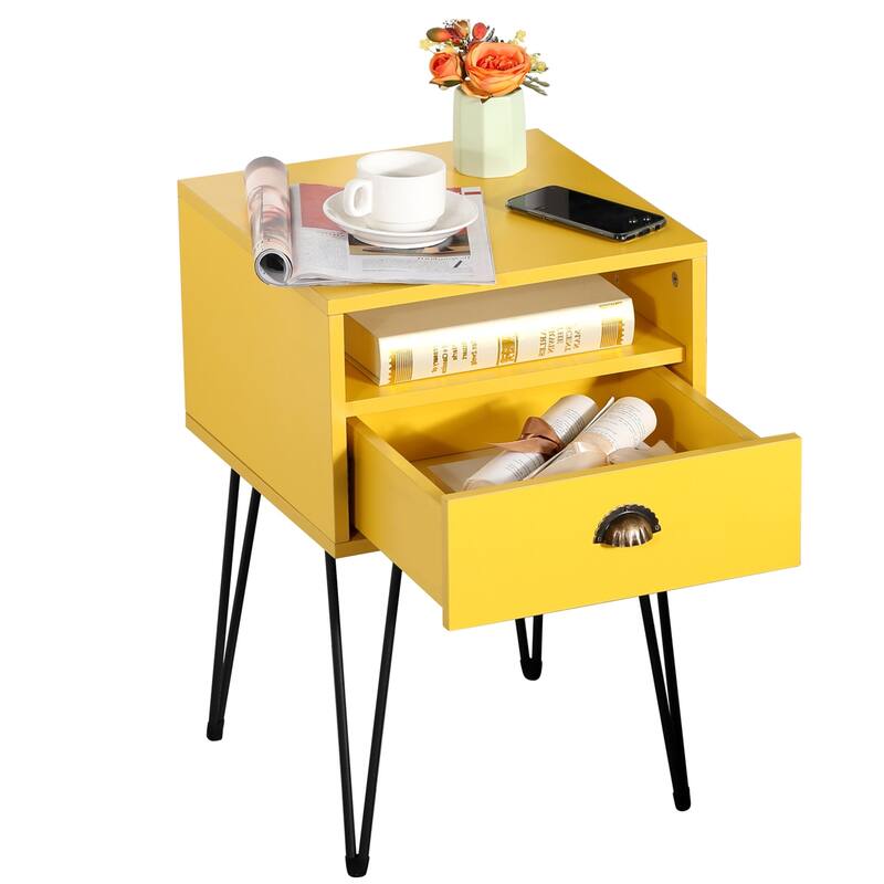 VECELO Mid Century Modern Nightstand with Drawer Open Shelf V-Shaped Metal Legs End Table for Bedroom Living Room