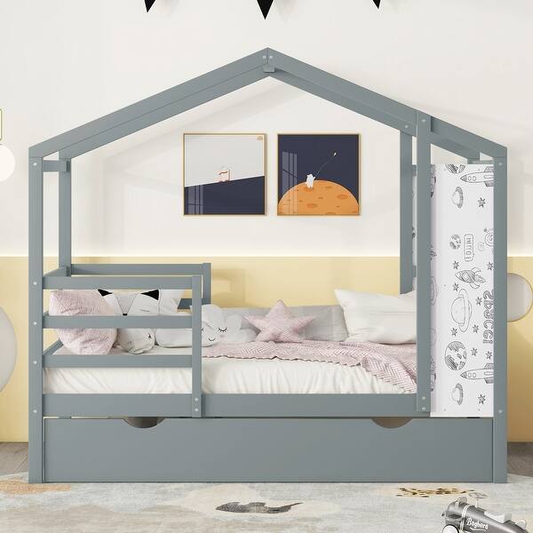slide 2 of 15, Twin Size Playhouse Bed & Trundle Bed Thicken Slat Platform Bed Frame Wooden Structure Bedroom Childs Bed - Grey Grey - Twin