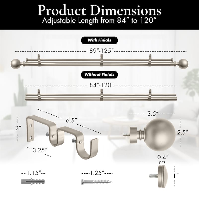 Meriville 1-Inch Diameter Steel Ball Double Window Curtain Rod with Norwood End Cap Finial