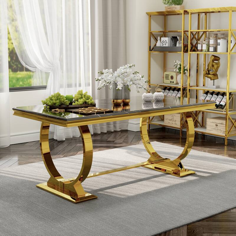 White and Gold Dining Room Table Set with 72 inch Table and White PU Leather Dining Chairs