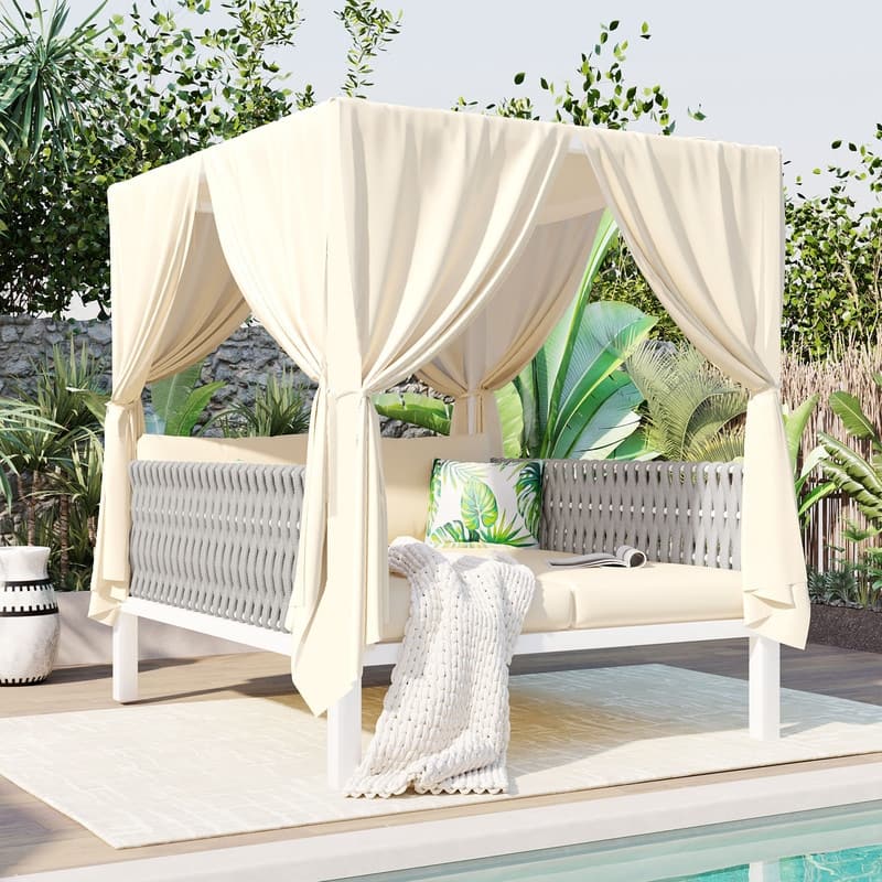 Outdoor Patio Sunbed Daybed with Curtains,Suitable for Garden,Swiming Pool