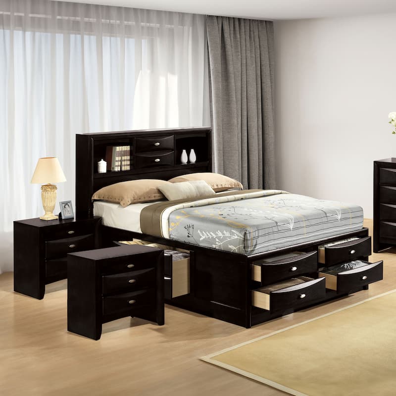 Furniture of America Brent 3-Piece Wood Platform Bedroom Set with Drawers and Bookcase Headboard - Black - King