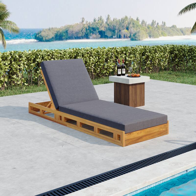 Roomfitters Outdoor Acacia Wood Chaise Lounge with 4 Inch Thick Water-Resistant Cushions Teak Finish