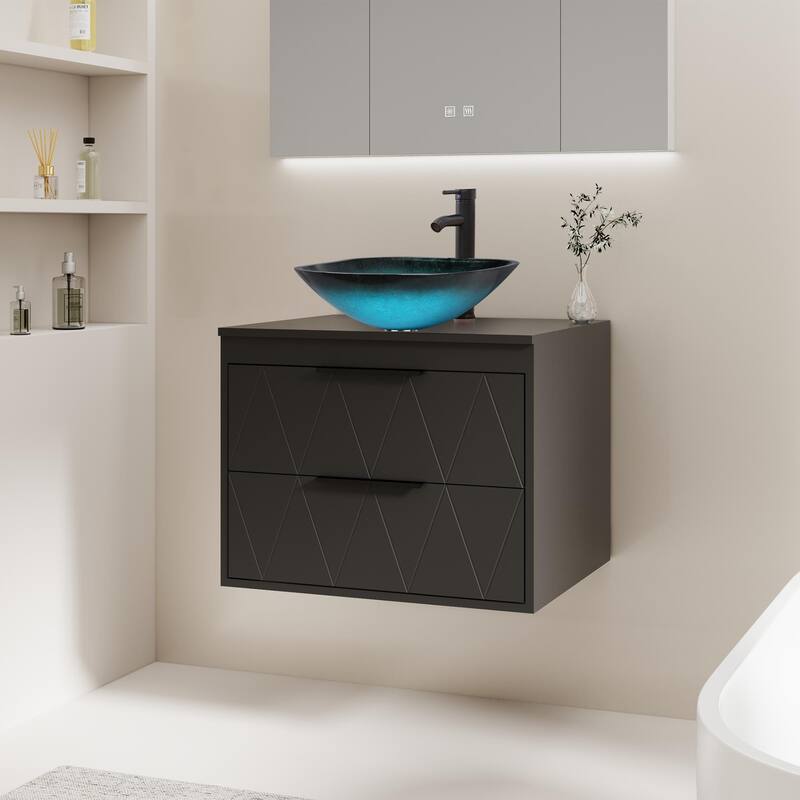 Modern Wall Mounted Bathroom Vanity Set with Vessel Sink & Faucet - black-24 in - 24-2 Glass blue square sink