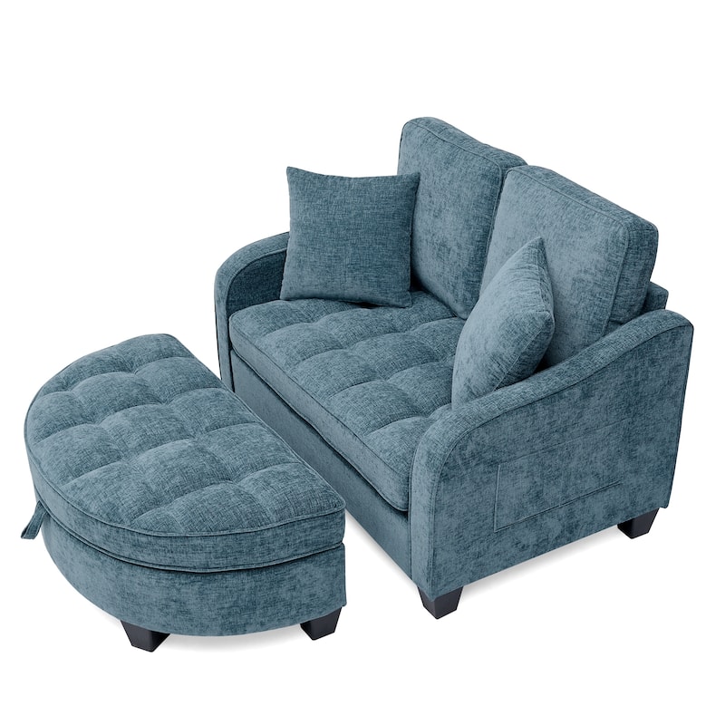 Two-Seater Chaise Longue Sofa with Storage Footrest, Irregular Armrests & Throw Pillows for Living Room & Bedroom