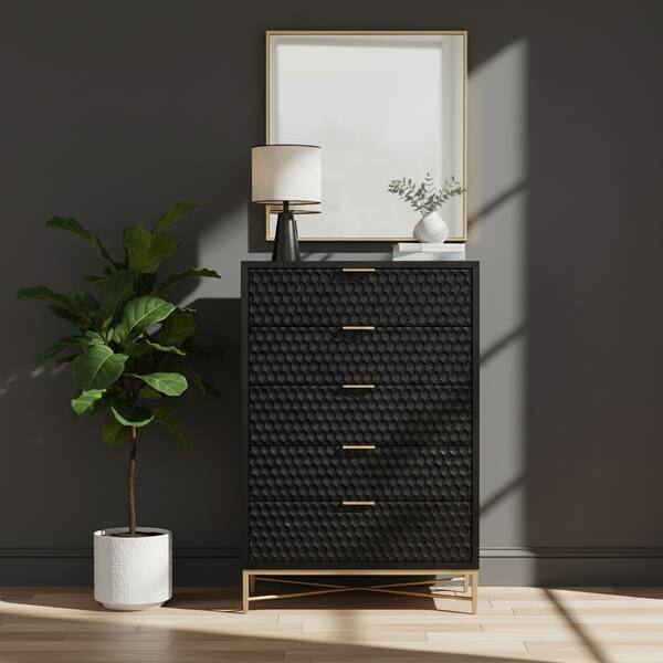 black and gold tall dresser Garvee Black Modern Rattan Tall Dresser With 5 Drawers Chest Of Drawers Gold Legs Gold Handles Large Tabletop Anti Tipping Design For Bedroom Living Room in the Dressers department at Lowes.com