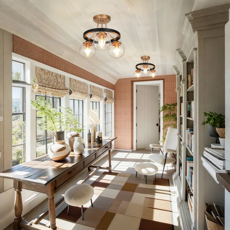 Modern Farmhouse 3-Light Black Gold Semi-Flush Mount Glass Ceiling Light - 14.5" D x 12" H