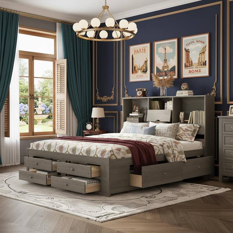 Platform Bed with Storage Headboard and 8 Spacious Drawers by Harper&Bright Designs - Grey - King