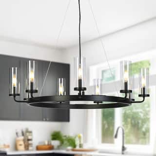 Modern Farmhouse 9-Light Black Wheel Chandelier for Dining Living Room - W31"xH8.7"