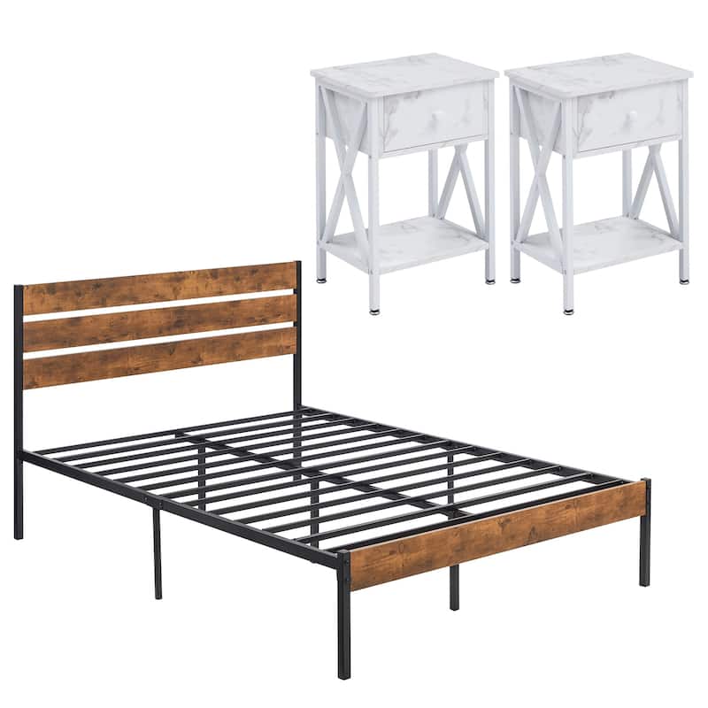 Javlergo Modern 3-Pieces Bedroom Set with Platform Bed Frame and Nightstands