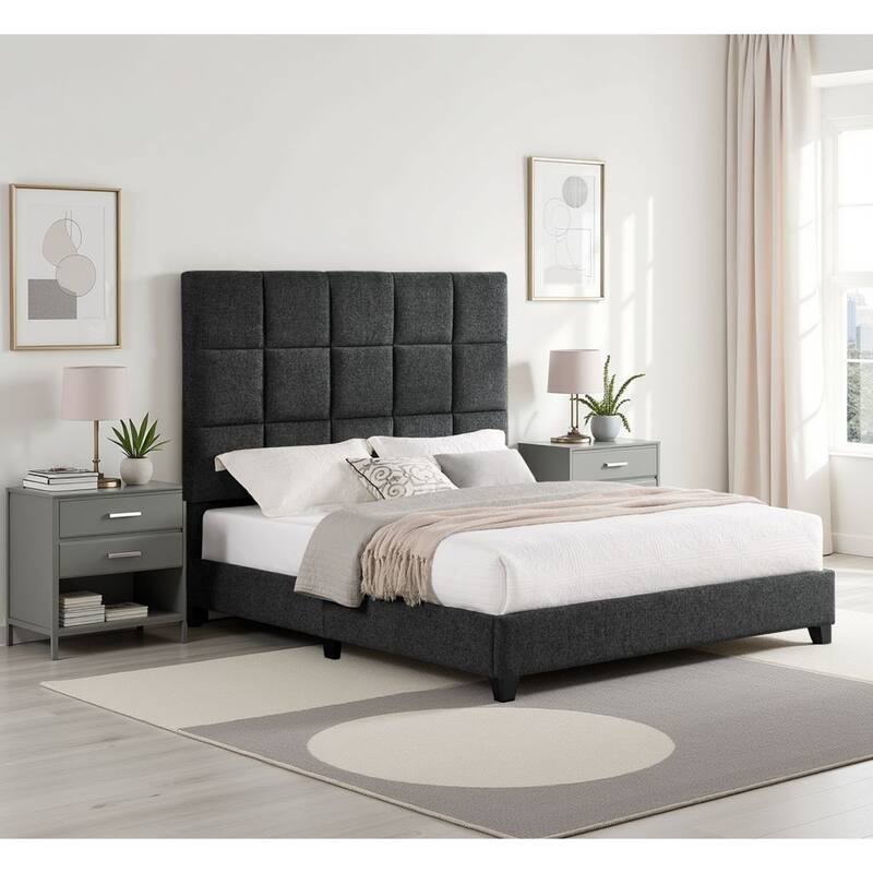 Grey Upholstered Queen Size Platform Bed with Headboard