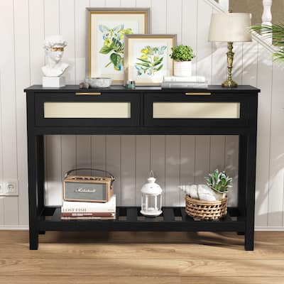 Entryway Console Table with Drawers Faux Rattan, Storage Shelf, for Hallway Foyer Behind Couch Sofa